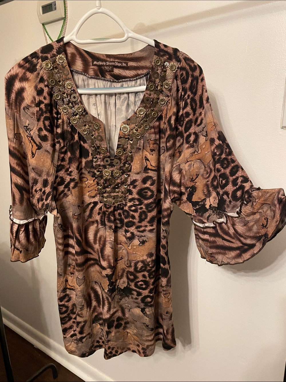 Animal Print V-Neck Embellished Tunic Top - Brown/Tan/Black